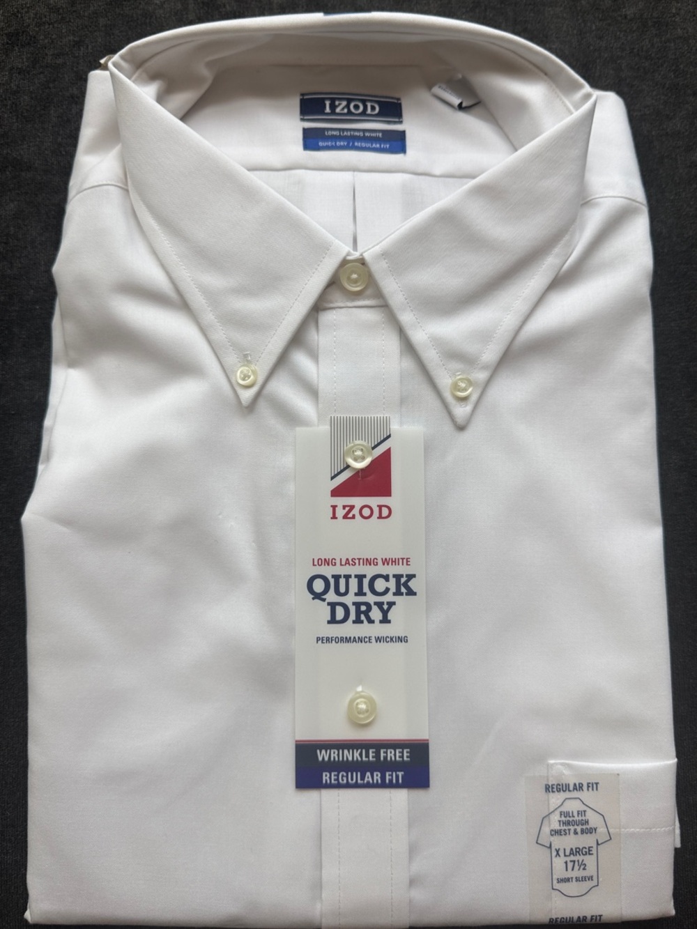 IZOD Men's Dress Shirt XL 17.5 White Quick Dry Regular Fit NWT  Short Sleeve